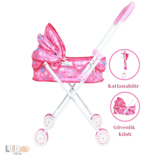 Yataklı ve Tenteli Katlanabilir Metal Oyuncak Bebek Arabası