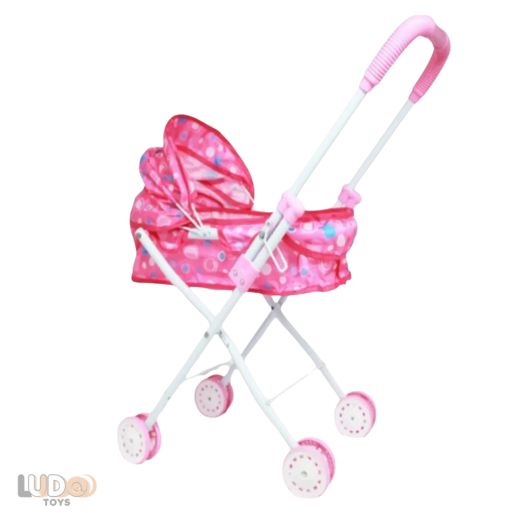 Yataklı ve Tenteli Katlanabilir Metal Oyuncak Bebek Arabası