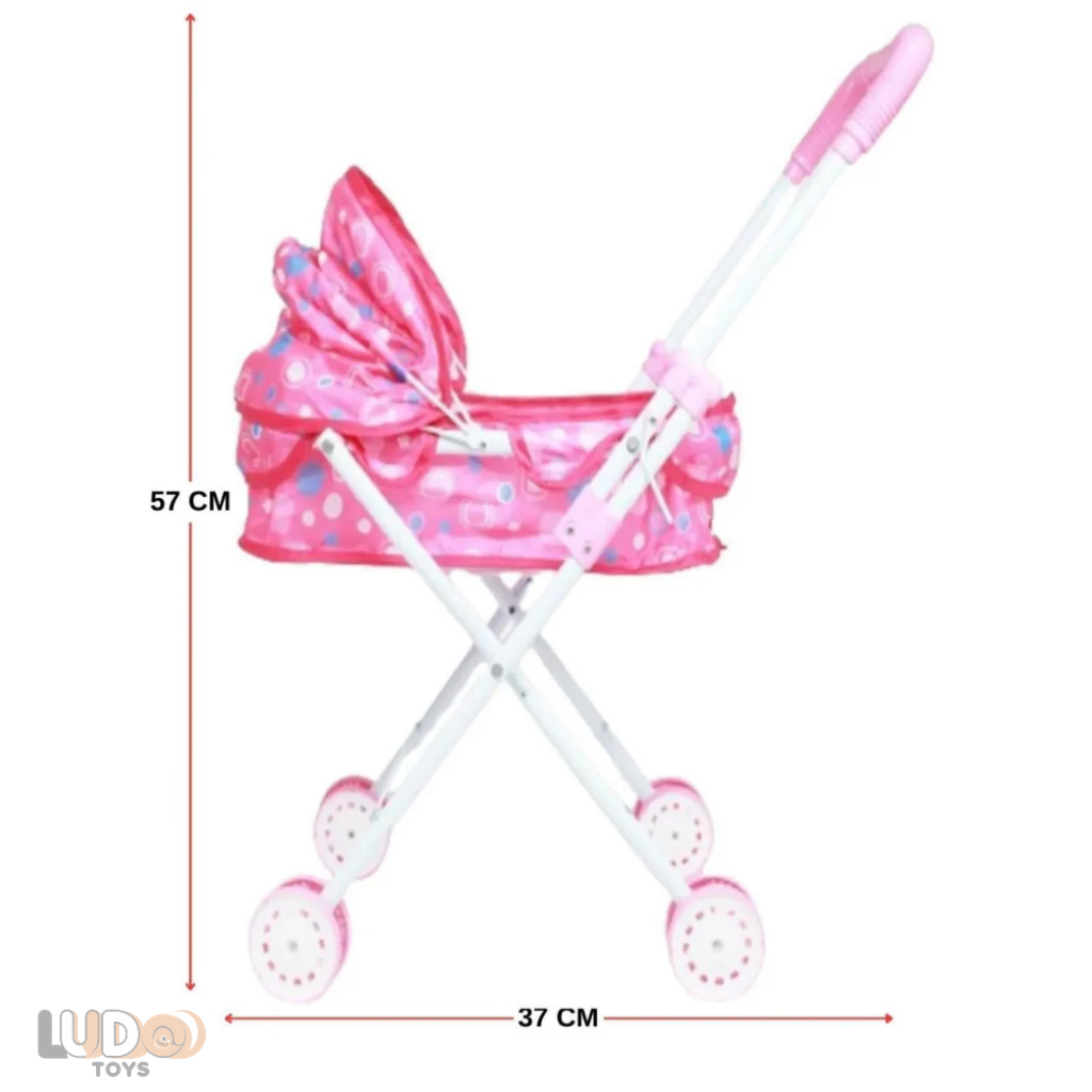 Yataklı ve Tenteli Katlanabilir Metal Oyuncak Bebek Arabası